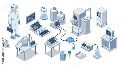 Isometric laboratory equipment with scientist in protective suit in technolog…