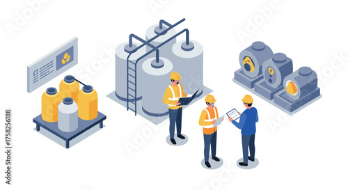 Industrial workers discuss operations in modern chemical plant isometric design