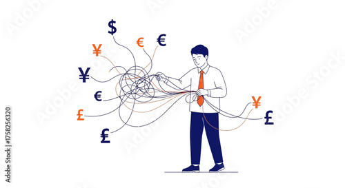 Financial Confusion Businessman Tangled in Currency Chaos, Struggling with Global Finance Challenges