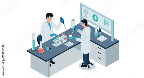Isometric laboratory scene with scientists conducting experiments