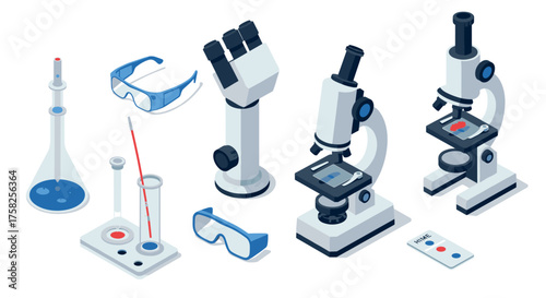 Scientific laboratory equipment in isometric design: microscopes and safety gear