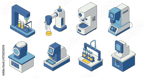 Isometric laboratory equipment set featuring modern analytical devices and ap…