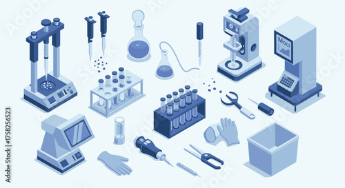 Isometric laboratory equipment set with modern scientific tools and devices