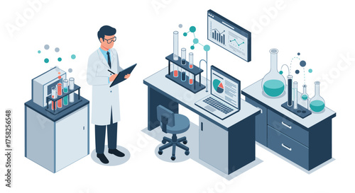 Isometric laboratory scene with scientist analyzing data and experiment equip…