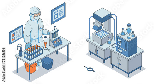 Isometric laboratory research setup with scientist and advanced equipment in…