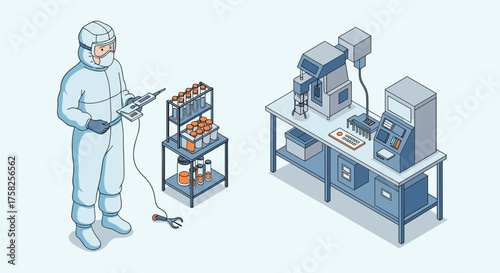 Isometric lab technician working with advanced equipment and samples
