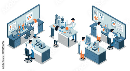 Isometric science lab with researchers conducting experiments and analyzing data