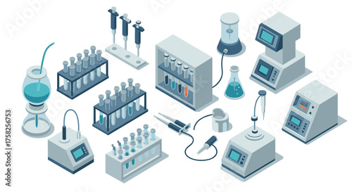Laboratory equipment in modern isometric design with test tubes, pipettes, an…