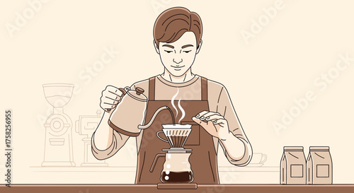 Pour-Over Coffee Preparation Hand-Drip Method by a Barista