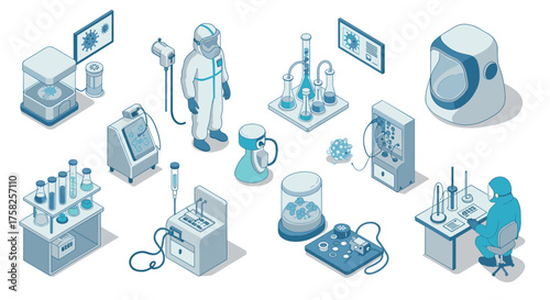 Isometric laboratory equipment and scientists in protective gear for modern m…