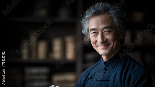 Eastern Elderly Person Smiling and Gazing, Showing the Demeanor of a Wise Man