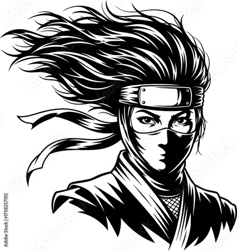 Intense portrait of a masked female ninja or warrior with a headband and dramatic windblown hair, black and white vector illustration of an anime-style fighter.