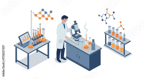 Isometric laboratory science setup with chemist using microscope and lab equi…