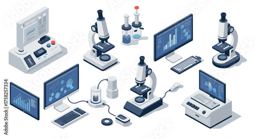 Modern laboratory and research equipment with computers and microscopes for s…