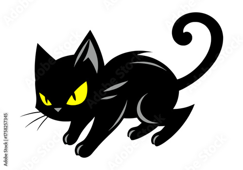 Black cat with bright yellow eyes crouching in an attacking pose, ready to pounce or play