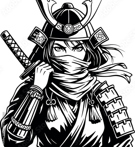 Mysterious female samurai warrior portrait holding a katana, black and white vector illustration of a powerful woman in traditional armor and a fierce masked face, ready for combat.
