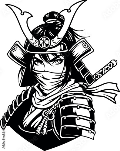 Intense portrait of a female samurai warrior in full traditional armor, black and white vector illustration of a powerful, mysterious figure with a masked face and katana sword.
