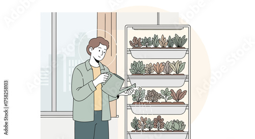 Man tending to a vertical indoor garden with multiple shelves filled with various plants and vegetables