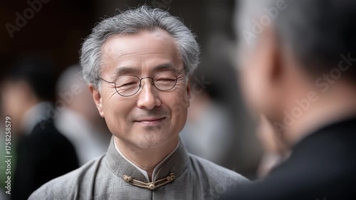 Elegant Elderly Man Smiling and Talking to Someone