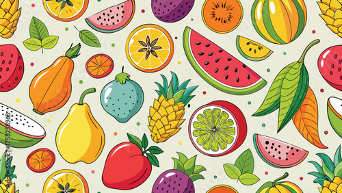 Colorful fruit pattern design by Julia for Stocksy United, featuring various fruits in a vibrant arrangement..eps