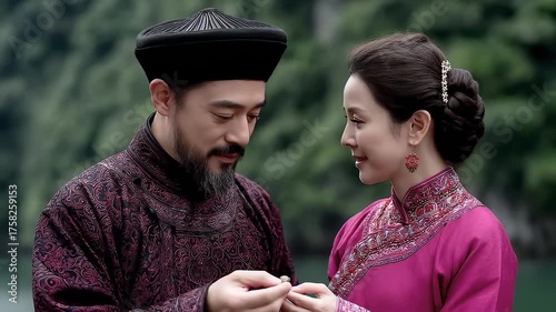 Qing Dynasty Costumes, Men and Women Appreciating Ring Details