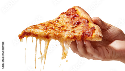 Close-up of a slice of cheesy pizza held in a hand, with gooey cheese dripping