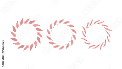 Pink Leaves and Branches Wreath Set. Cute Romantic Round Borders collection. Hand drawn Creative Circle frames for cards. invitations and poster templates. Vector illustration