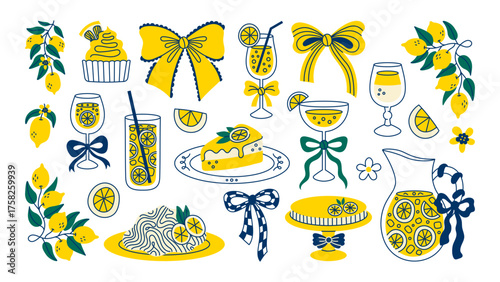 Lemon Food and Drink Set. Coquette La Dolce Vita Amalfy Mediterranean elements collection with Limoncello Beverage Lemonade Aperitif Cocktails Spaghetti Sweet Dessert doodles. Vector illustration