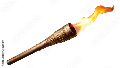 A glowing torch with detailed bronze-like handle, dancing flame against a black background