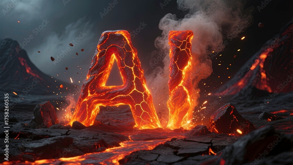a glowing molten text effect of the letter Ai made of fiery lava 3d render