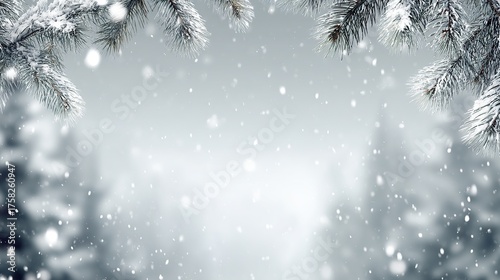 A snowy background with falling snowflakes and pine branches, suitable for displaying winter scenes. Features include snow-covered landscapes and falling snowflakes.