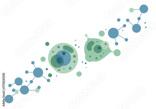 Abstract scientific illustration depicting interconnected blue molecular structures and green cellular forms with internal elements.