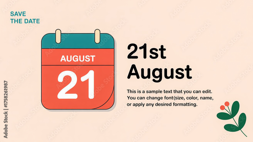 Obraz premium Save the date august 21st calendar graphic with floral accents