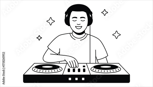 Black and white illustration of a smiling D J wearing headphones at a console with sparkling stars music