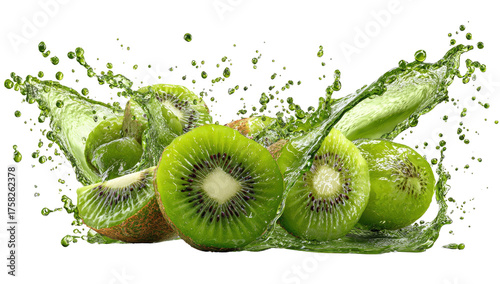 Close-up of sliced and whole kiwis with green liquid splash