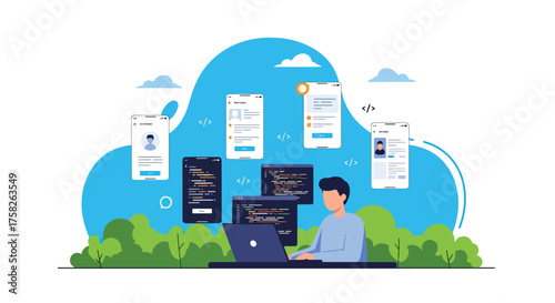 Adobe illustrator artwork vector illustration. A programmer codes on a laptop with multiple mobile phone interfaces floating, depicting app development, coding, and responsive design