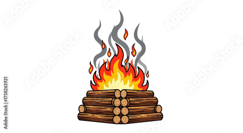 Campfire illustration A warm, inviting bonfire with flames and smoke in a cozy outdoor setting