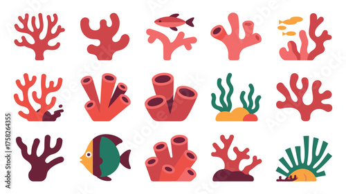 Colorful vector illustrations of coral reef elements and sea life