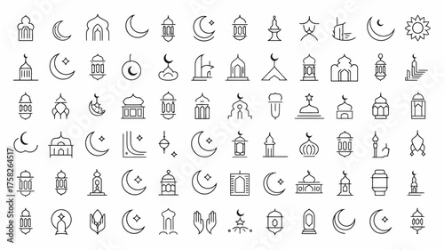 Islamic Icons Set in Modern Thin Line Style for Ramadan