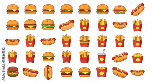 An array of cartoon fast food items including burgers hot dogs and french fries all on a white background