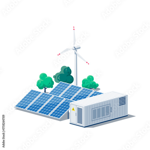 Battery energy storage power bank container with renewable energy power stations. Solar panels and wind turbine. Industry utility scale system for electricity distribution transmission grid. 