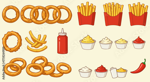 Cartoonstyle food set fries onion rings sauces ketchup bottle and a chili pepper on a light background