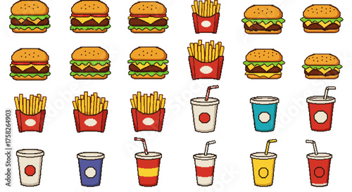 Pixel art of various fast food items burgers fries and drinks arranged in rows