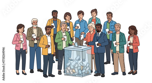 Diverse Group of People Voting in an Election with Transparent Ballot Box