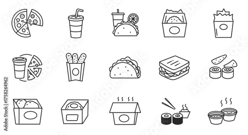 Assorted outlined fast food icons including pizza tacos sushi sandwiches and boxed meals