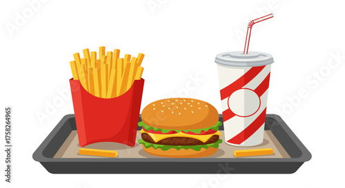 Cartoon fast food tray with burger fries and soda on gray tray