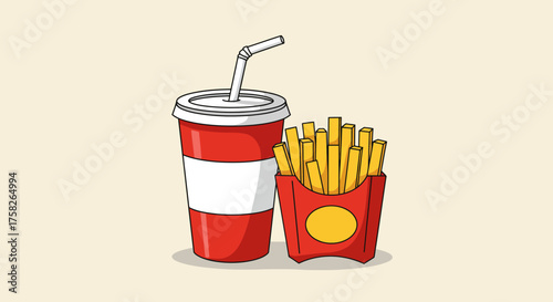 Cartoonstyle soda  fries red cup white center straw yellow fries in a red container with a yellow circle logo