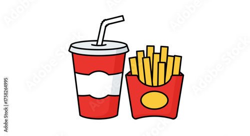 Cartoon drink and fries Red soda cup with white label box of yellow french fries with gold oval