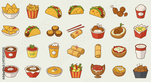 Assorted foods are arrayed in an organized fashion including tacos egg rolls and bowls