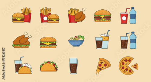Cartoon illustrations of fast food items including burgers fries pizza and drinks on a beige background